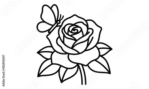 Elegant butterfly perched on a blooming rose outline isolated on white background