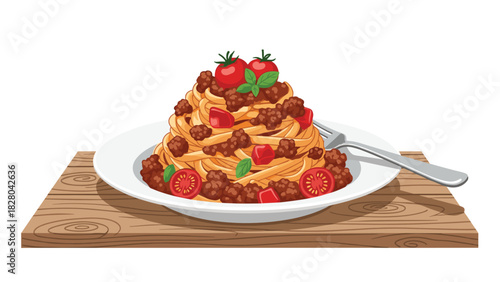 Delicious spaghetti bolognese with fresh tomatoes and basil on a rustic wood table ready to be enjoyed in a cozy Italian dinner