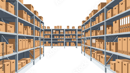 Organized warehouse shelves filled with cardboard boxes ready for shipping or storage, a great asset for logistics and distribution businesses