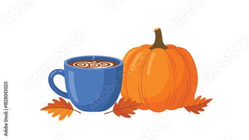 Cozy autumn scene with hot chocolate, ripe pumpkin, and fallen leaves for warm fall vibes and seasonal celebrations, perfect for Thanksgiving