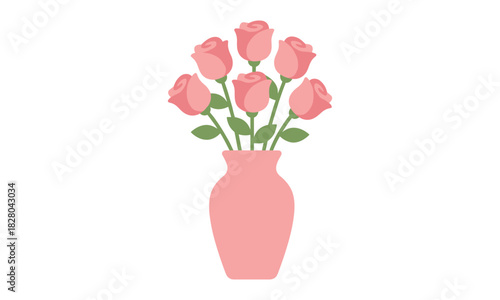 A bouquet of seven pink roses in a tall pink vase isolated on white background