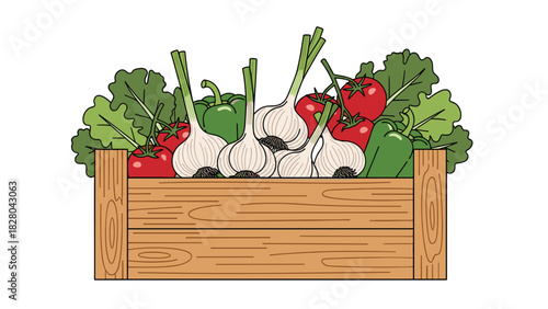 Freshly harvested garlic, tomatoes, peppers, and lettuce bursting from a rustic wooden crate, celebrating farm-to-table goodness