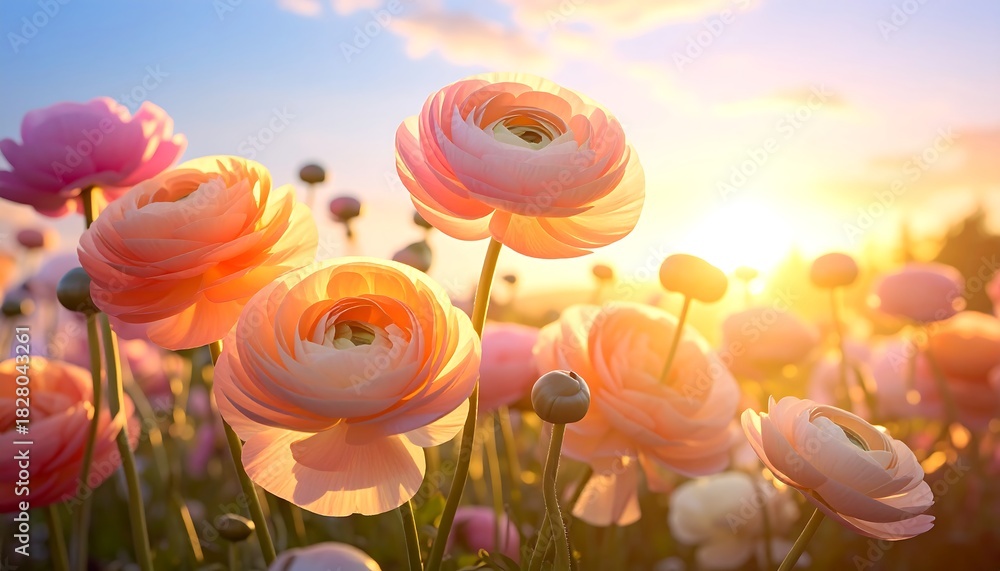Obraz premium Delicate ranunculus flowers bloom, their petals catching the golden hour sunlight, creating a soft and ethereal glow