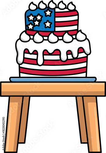 American Flag Cake on Wooden Stool