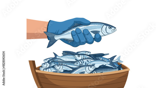 Freshly caught sardines in wooden boat held by gloved hand ready for market, promoting healthy eating and sustainable seafood choices