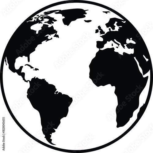 Black and white earth globe illustration displaying continents oceans and global interconnectedness
