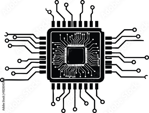 Black and white microchip illustration for modern technology with circuit board design
