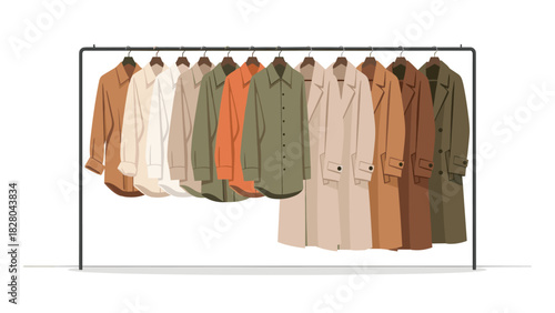 Trendy shirts and coats hanging neatly on a rack in earth tone colors, ideal for a modern wardrobe or fashion-forward design concept