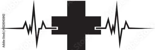 Medical Cross with Heartbeat Line in Black Silhouette for Healthcare Concepts and Emergency Services