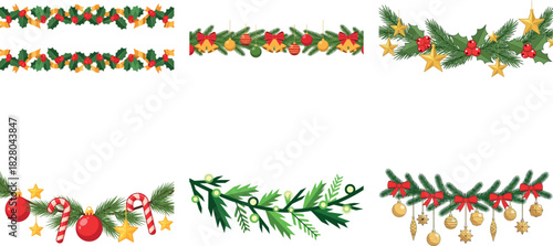 Set of christmas borders with fir branches, balls, stars, bows and candy canes isolated on transparent background