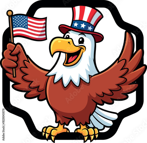 Patriotic Bald Eagle Mascot Wearing Uncle Sam Hat Holding American Flag