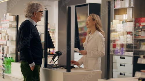 Woman pharmacist health care worker consult customer medical prescription buying medication in pharmacy old man order medicine pills drugs vitamins painkiller doctor help patient at drugstore counter