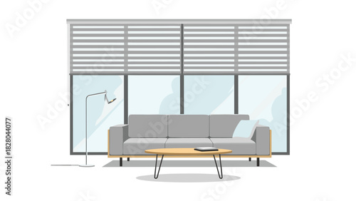 Stylish living room featuring a modern gray sofa and a sleek lamp with natural light, perfect for home design and interior inspiration