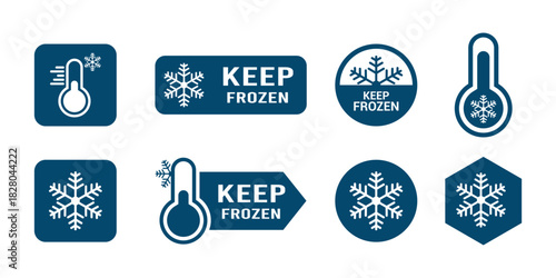 Keep frozen food vector labels. frozen ice icons for refrigerated food packaging design. Blue snowflake flat icon symbols for packages, stickers, web, Stickers with thermometer for cold temperature.