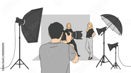 Behind the scenes glimpse into fashion photography with models and professional equipment in studio setting, perfect for commercial use