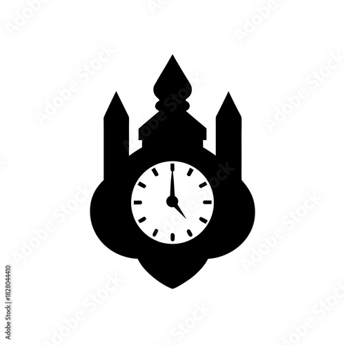 Silhouette of a clock tower with clock face shown on transparent background