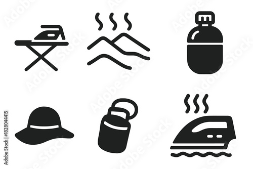 Extreme Ironing Icons. Line style icons of Extreme Ironing: desert ironing board, sand dunes icon, heatwave lines, water canteen,