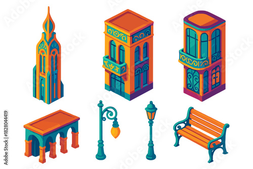 Art Nouveau Skyscrapers. Isometric vector illustration set Skyscraper silhouettes – art nouveau spire, organic ornament, floral