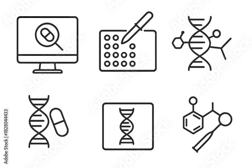 Pharmaceutical Line Icons. Line style icons of pharmaceuticals and epigenetics: drug discovery screen, compound testing array,