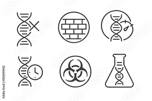 Biocontainment Strategy Icons. Line style icons of biocontainment strategies: genetic kill switch, containment barrier icon,