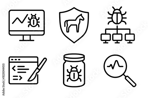 Line Style Malware Icons. Line style icons of malware analysis: virus behavior chart, trojan detection icon, worm propagation