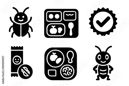 Child-Friendly Protein Icons. Solid style icons of child-safe protein: smiling bug snack icon, hypoallergenic school lunch tray,