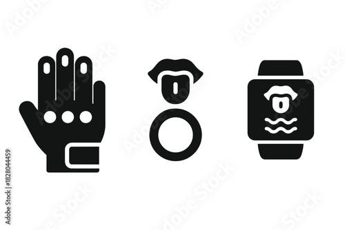 Wearable Tasting Devices. Solid style icons of wearable tasting devices: sensory glove for tasting, fingertip feedback ring, wrist