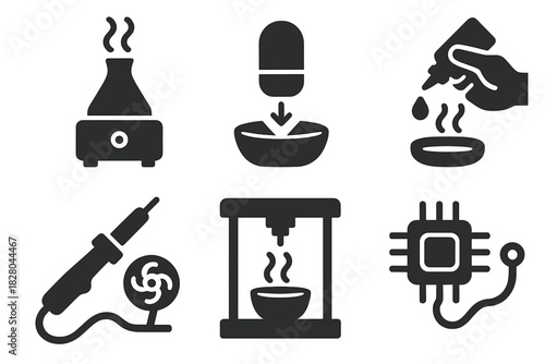 DIY Scent Technology Icons. Solid style icons of DIY scent modules: build-your-own diffuser, scent capsule assembly, refill setup.