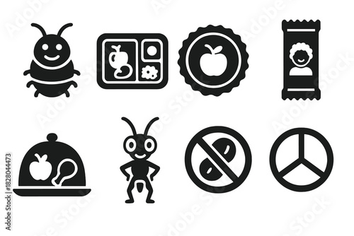 Child-Friendly Protein Icons. Solid style icons of child-safe protein: smiling bug snack icon, hypoallergenic school lunch tray,