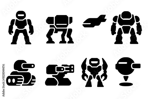 Battle-Ready Robots Icons. Solid style icons of battle-ready robots: humanoid droid icon, four-legged mech badge, aerial bot slab.