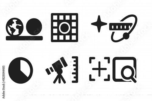 Cosmic Scale Icons. Solid style icons of cosmic scale indicators: Earth vs black hole size slab, event horizon comparison grid,