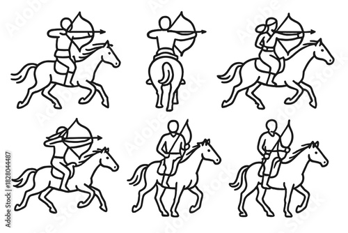 Horseback Archery Icons. Line style icons of horseback archery: archer on galloping horse, bow drawn mid-ride, rear shot stance,