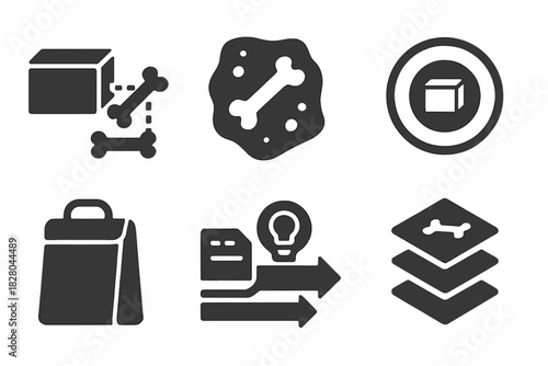 Product Evolution Icons. Solid style icons of product evolution timeline: item-to-skeleton diagram, early prototype fossil, design