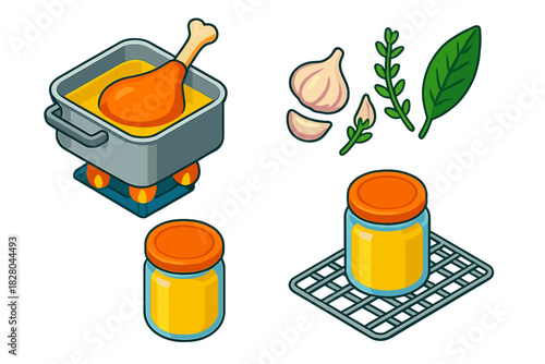 Isometric Cooking Techniques. Isometric vector illustration set Cooking techniques – confit duck leg, oil bath, low flame; garlic
