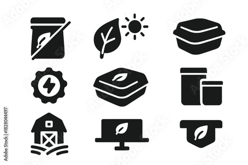 Sustainable Dry Cuisine Icons. Solid style icons of sustainability in dry cuisine: zero-waste packaging icon, solar-dried leaf,