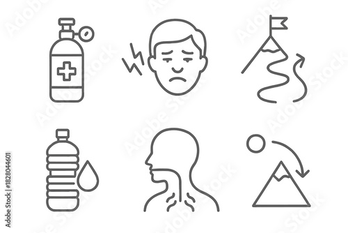High Altitude Medicine Icons. Line style icons of high altitude medicine: oxygen tank icon, AMS symptom chart, slow ascent path,