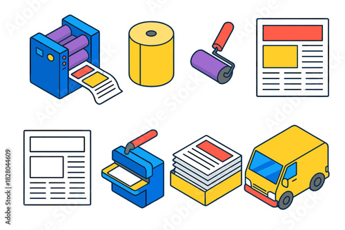 News Production Icons. Isometric vector illustration set News and media – newspaper printing press, paper reel, ink roller;