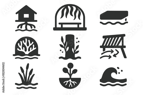Aquatic Bio-Architecture Icons. Solid style icons of aquatic bio-architecture: floating mangrove house, kelp-structure canopy,