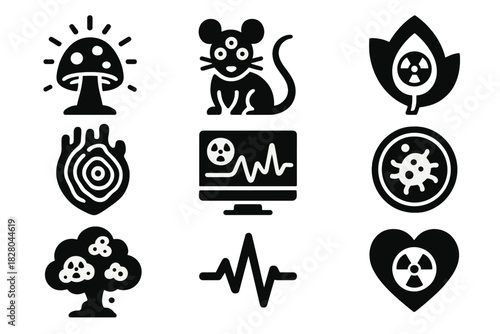 Radioactive Flora and Fauna. Solid style icons of radioactive flora and fauna: glowing mushroom glyph, three-eyed rat icon, leaf