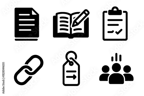 Scriptwriting Icon Set. Line style icons of Crowdsourced Scriptwriting: final draft stack, writing logbook icon, writing goal