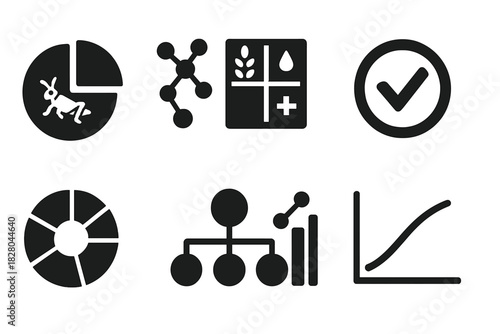 Nutritional Breakdown Icons. Solid style icons of nutritional breakdown: insect protein pie chart, amino acid profile icon, fiber