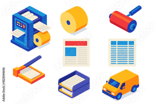 News Production Icons. Isometric vector illustration set News and media – newspaper printing press, paper reel, ink roller;