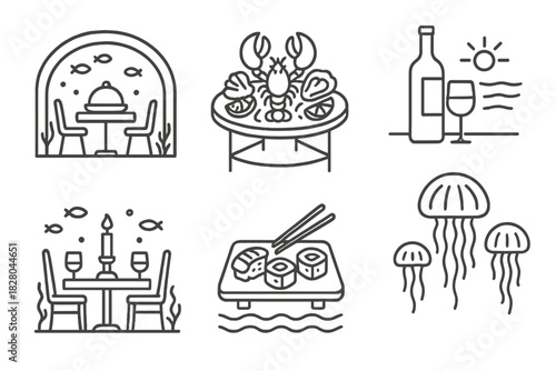 Underwater Dining Icons. Line style icons of dining experiences: submerged gourmet restaurant, seafood platter on glass table,