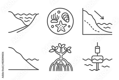Coastal Oceanography Icons. Line style icons of coastal oceanography: estuary diagram, tidepool life icon, coastal erosion chart,