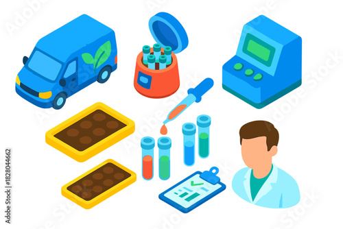 Smart Farming Innovation. Isometric vector illustration set Smart farming – mobile soil lab van, centrifuge, analyzer console;