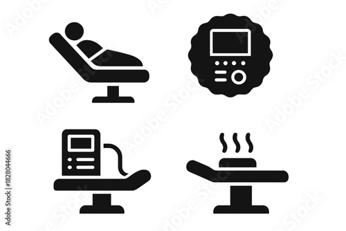 Beauty Salon Icons. Solid style icons of beauty salon sculpt stations: lounge chair with wrap, pro control panel icon, spa zone