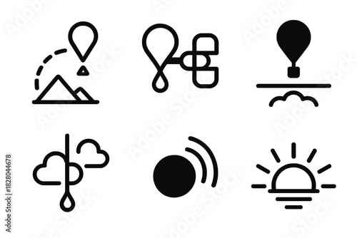 Ballooning Icon Set. Line style icons of High-Altitude Ballooning: trajectory planner, balloon release clamp, float altitude icon,