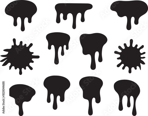  Black dripping paint splatter and blob shapes silhouette vector