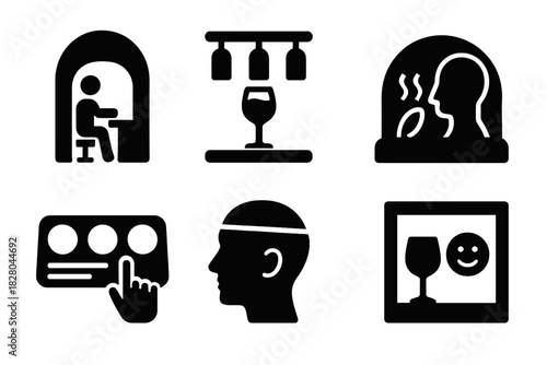 Sensory Testing Icons. Solid style icons of sensory testing stations: tasting booth pod, robotic wine flight, aroma reaction dome.