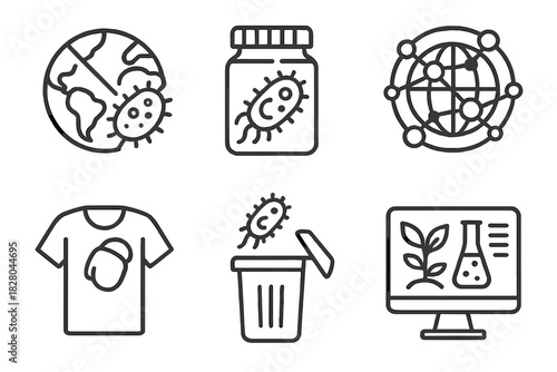 Future Eco Innovations. Line style icons of future visions: plastic-free planet with bacteria, smart bacteria container, global
